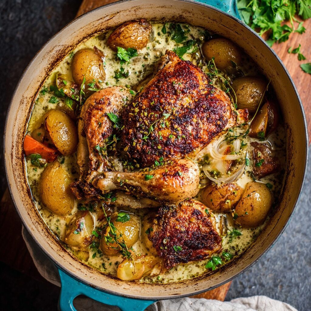 Creamy Lemon and Herb Pot Roasted Chicken