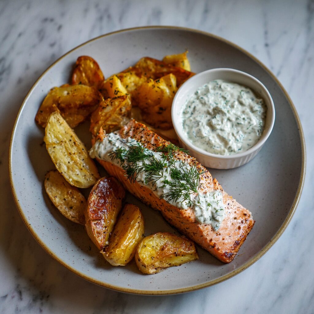 Dill Salmon with Potato Wedges and a Creamy Pickle Dill Sauce